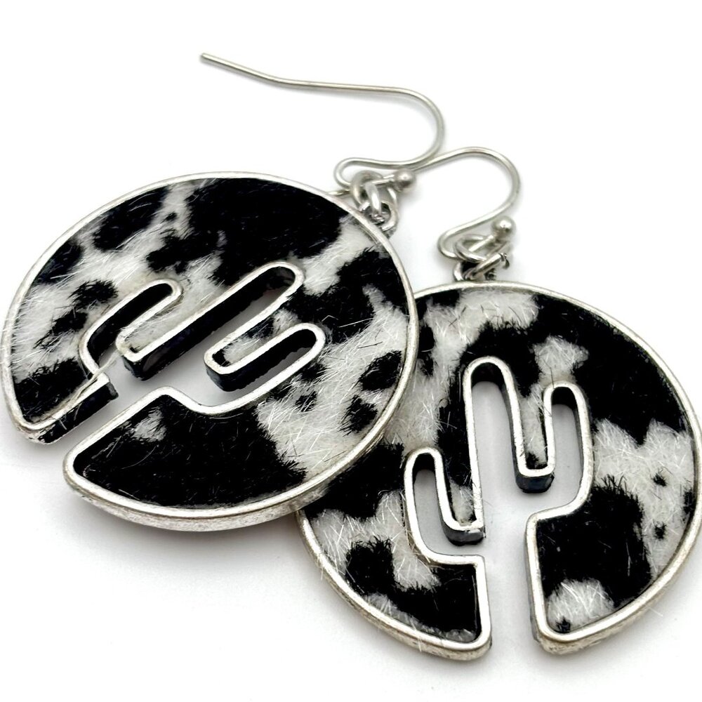 Round Western Cow Hide Animal Print Saguaro Cactus Outline Dangle Earrings New